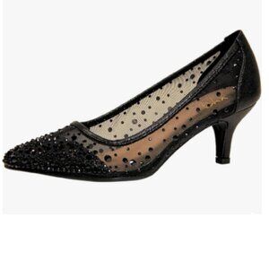 XYD Black Closed Toe Slip On Mesh Pumps Rhinestone Studs Comfy Kitten Heels Shoe